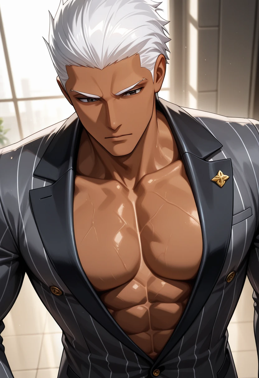 A young, tall and imposing male with short, slicked back white hair, a perfectly groomed beard, and piercing red eyes. He exudes confidence and carries himself with a sly and mysterious aura. Wearing panties and matching bra.