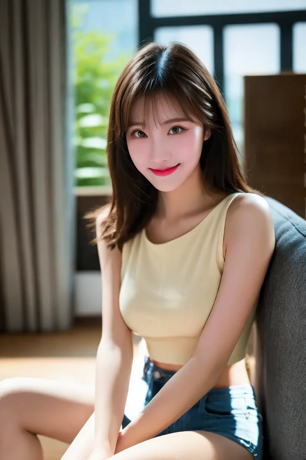 ((best quality, 8K, masterpiece: 1.3)), beautiful woman, pure, melon face, kind and cute, sweet smile, pure desire, slender body, (((Random body direction))), (tilted head), ((looking at camera)), pure desire, wearing a random color short dress, black silky long hair, long flowing shoulders, round black big eyes, clear big eyes, moist red lips, sweet, sitting in a lounge, Decorated with brightly colored flowers cafe background, 28 years old, ((chest to head shot)),