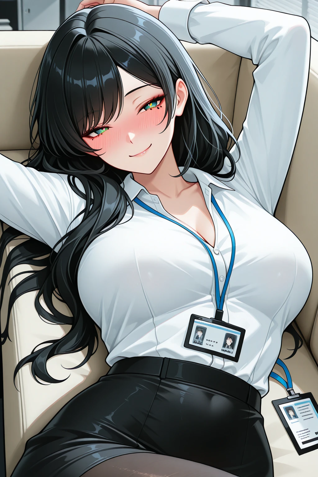 （（super high quality,Ultra-high resolution,4K,8k,super masterpiece,Ultra HD））,Dim bedroom at night, Lying down,（（One sexy woman））,（（（（popped collar White shirts,High collar））））,（Sleeves folded back to the elbow,（（Tight collar,Cleavage））,Spread your legs,Big penis,Penis insertion,semen,）,Black hair straight,Sharp Eyes,smile,blush,Pearl Earrings,sexy,Sweaty,Drooling,wedding ring,Glasses,Hold your phone to your ear,