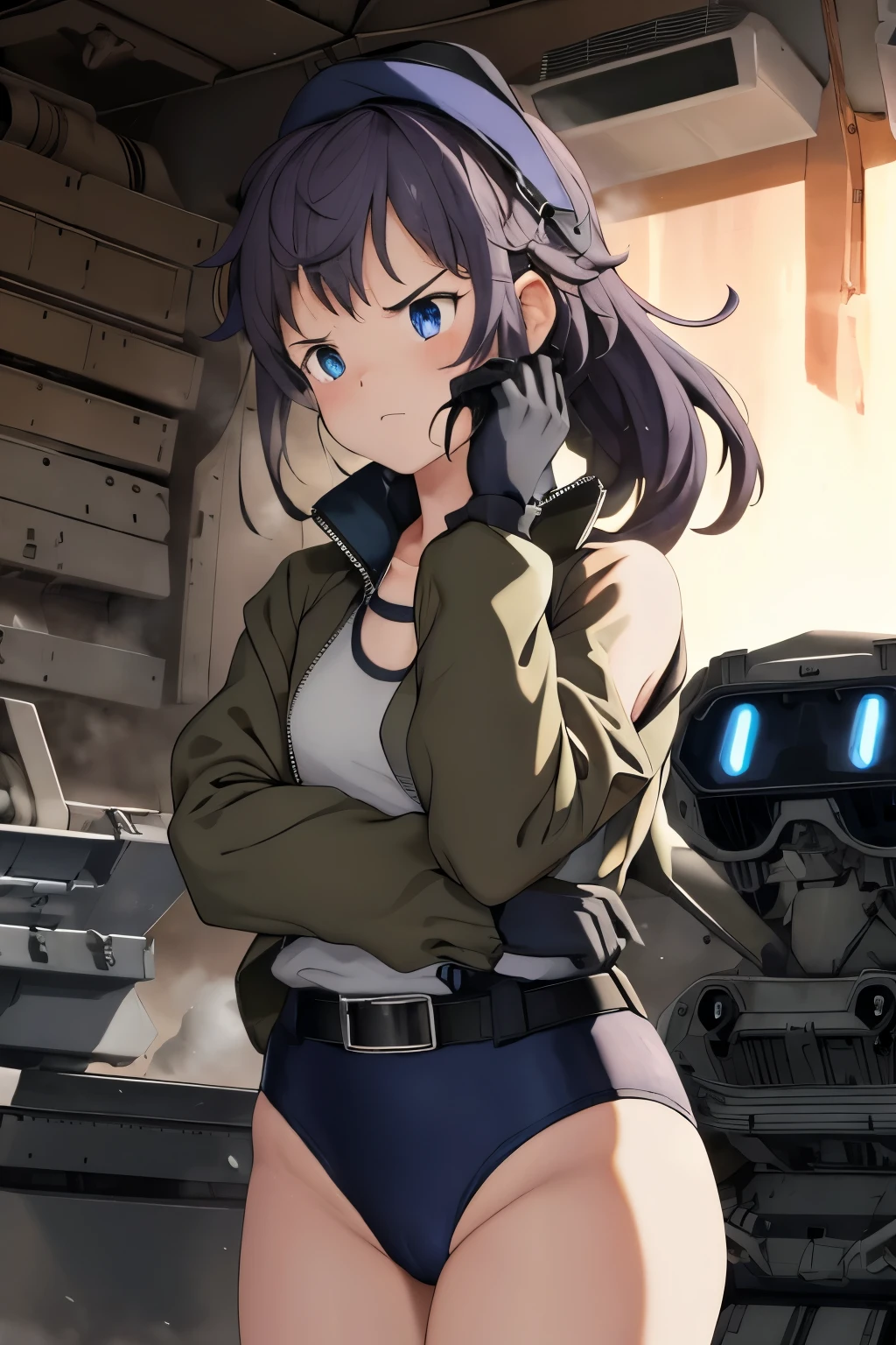 masterpiece , best quality, highres ,1girl,black long hair ,Angry face , beret, blue eyes, black gymnastics bloomers,high leg,self wedgie , flat chest , sleeveless,Victorian blouse, gloves, ultra detailed , Standing, (masterpiece, best quality, anime style, realistic military theme, tactical movement), girl in modified modern military uniform, tactical jacket and black gymnastics bloomers,high leg ,self wedgie,with armor pads, equipped with assault rifle held at the ready, moving alongside a modern main battle tank, dust and debris in the air, crouched or low-running posture, alert expression, helmet with headset and goggles, utility belt and combat boots, battlefield background with smoke, destroyed buildings, spent shells, cinematic lighting and war atmosphere
wearing a black gymnastics bloomers,high leg ,self wedgie