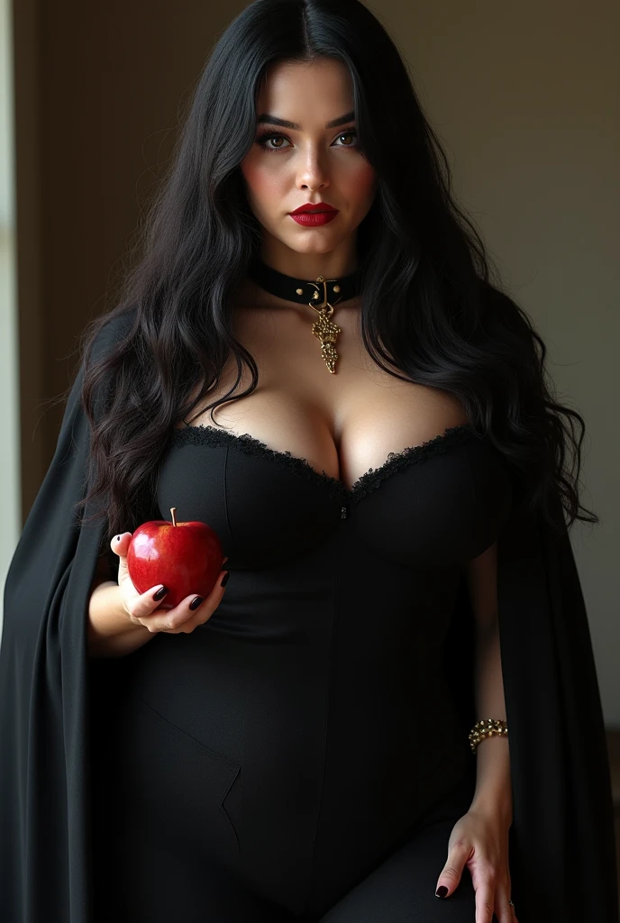 A dark and seductive book cover, adorned with an alluring native or Latina woman, whose raven- black hair cascades down her shoulders with vibrant purple highlights. She wears a provocative outfit that leaves little to the imagination, accentuating her hourglass figure and tantalizing curves. In her hand, she holds a crimson apple, her red lips curving into a tantalizing smile. besides her, a man in a tailored tuxedo stands, his brown hair mussed slightly, his eyes wide with fear or desire, his gaze fixed on the woman and the apple she holds. The background is shrouded in shadows, creating an enticing and mysterious atmosphere. The