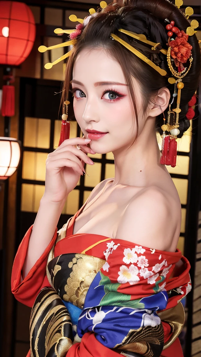 (Detailed skin:1.2),(Shiny skin:1.1),8K,Highest quality, masterpiece, Ultra-high resolution,(Realistic:1.4), RAW Photos,(Soft saturation:1.3),(Fair skin:1.2),Half-Japanese beauty,repair,20 years, Light brown hair, （Up-Hairstyles:1.2), Asymmetrical Hair, (Pretty face:1.4), (Large Breasts, Tight waist), Beautiful lighting, (Sexy Oiran:1.2,),Highly detailed face, Highly detailed lips, fine grain, double eyelid, （Sharp focus: 1.2）, （Perfect Anatomy),(Beautiful woman with perfect figure: 1.2）、Exposing cleavage、Random sexy poses，(Accentuate your leg lines)、kimono、Sharp Eyes,smile、Gorgeous hair ornament、Japanese style background