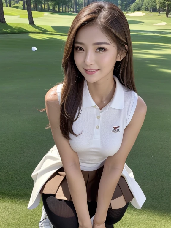 (超High resolution, masterpiece, Anatomically correct, Textured skin, Super Detail, Highest quality, High resolution, 8k, bloom, Front light:1.2, Perfect dynamic composition), (24-years-old, 1 person, Cute and sexy golfer), (Sexy Face, Long face, Distant eyes, Gentle eyelids, Thin eyebrows, Gentle corner of the eye, Hawk-like nose), (Gal Makeup), (eyeliner), (It will totally charm you), (Eyes that feel erotic), (A taste of beautiful eroticism), (Too cute beauty), (Captivating smile:1.3), (薄茶色のLong Hair:1.4), (Long Hair, Inward curls, bangs, Smooth Hair), (Tight sleeveless golf wear:1.3), (White tight skirt:1.2), (Black knee-high socks:1.3), (Ample breasts), Golf course, Grass, blue sky, Asahi, forest, fairway, green, Golf club,(Photographed from the front), (Looking into the camera),