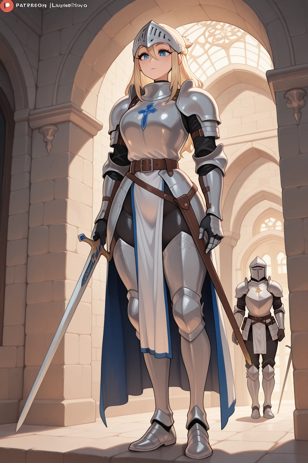 8k, best quality, masterpiece, highly detailed, semi realistic, 1 girl, mature female, 20 years old, silver white long hair, high ponytail, bangs, red eyes, simple armor, white fluffy skirt, silver iron boots, crossbow, knight, training soldier, training camp, fighting