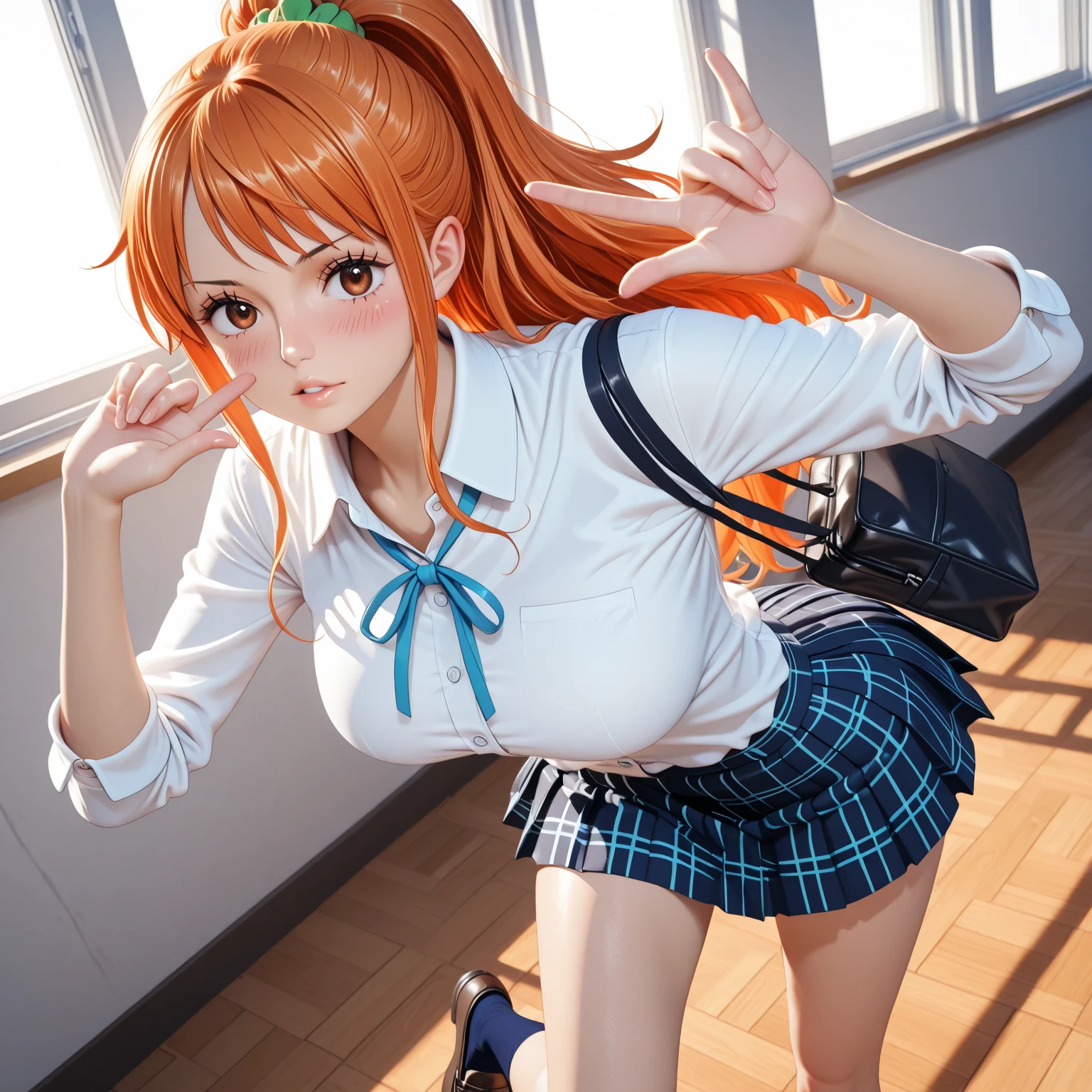 3d,realistic, photorealistic, Masterpiece, absurdres, fine detail, HDR, highly detailed face and eyes, (8k, best quality, masterpiece:1.2), ultra-detailed, extremely detailed cg 8k wallpaper,fashion,(crystalstexture skin:1.2),(extremely delicate and beautiful),(masterpiece, best quality:1.2),1girl, solo, narrow waist, wide hips, (large breasts:1.2),long hair, (orange hair:1.2), hair ornament, blue hair bobbles, straight hair, twintails, cat ears, fake animal ears, red eyes, (looking at viewer:1.2), natural lighting, fantasy, dreamlike, unreal, science fiction, detail, delicate pattern, charming, alluring, enchanting,hair between eyes, <lora:alisa southercross:0.8>, miniskirt, white shirt,jumping, looking under skirt, ass, black skirt, lens flare,upskirt,flying, blue sky,hair between eyes, cloudy sky, short over long sleeves, layered sleeves, outstretched arm, crotch seam, black pantyhose, pantyhose, (white panties:1.3), (white underwear:1.3, (full body:1.1)
