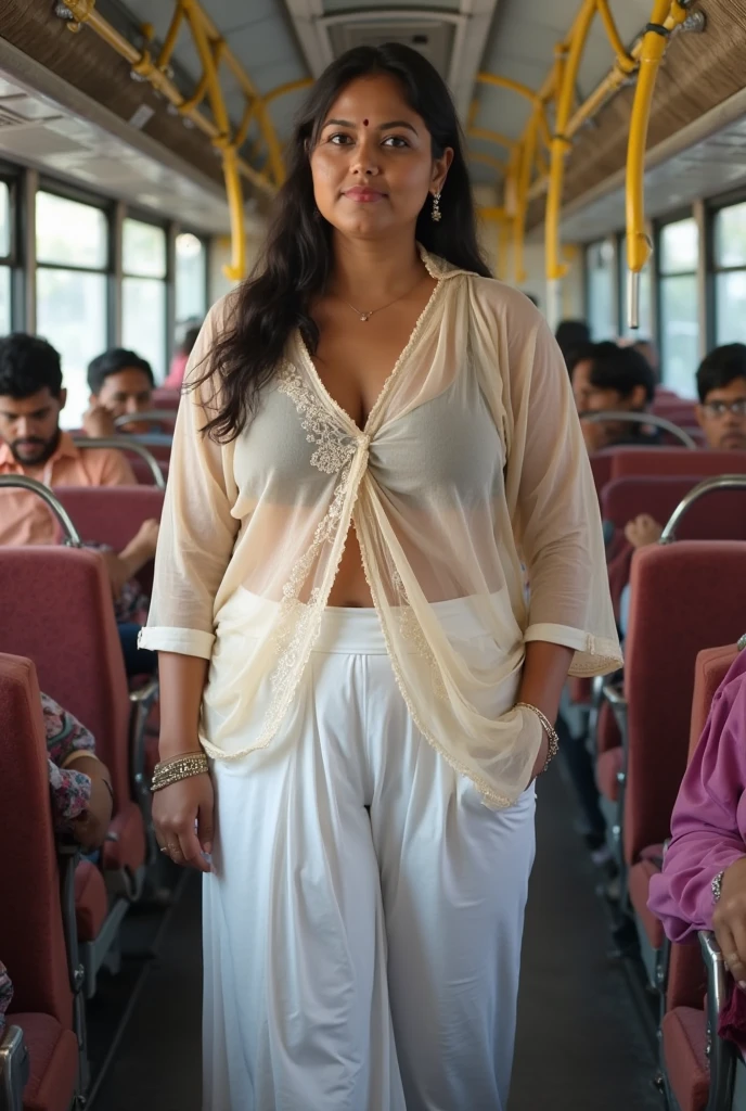 indian Beautiful girl, super busty, long flowing curled ponytail hair,  (((ginormous bust))), curled hair, sunglasses, back up, large hips, skirt , raining, wet clothes, wet body, beautiful smile, sitting in the bus