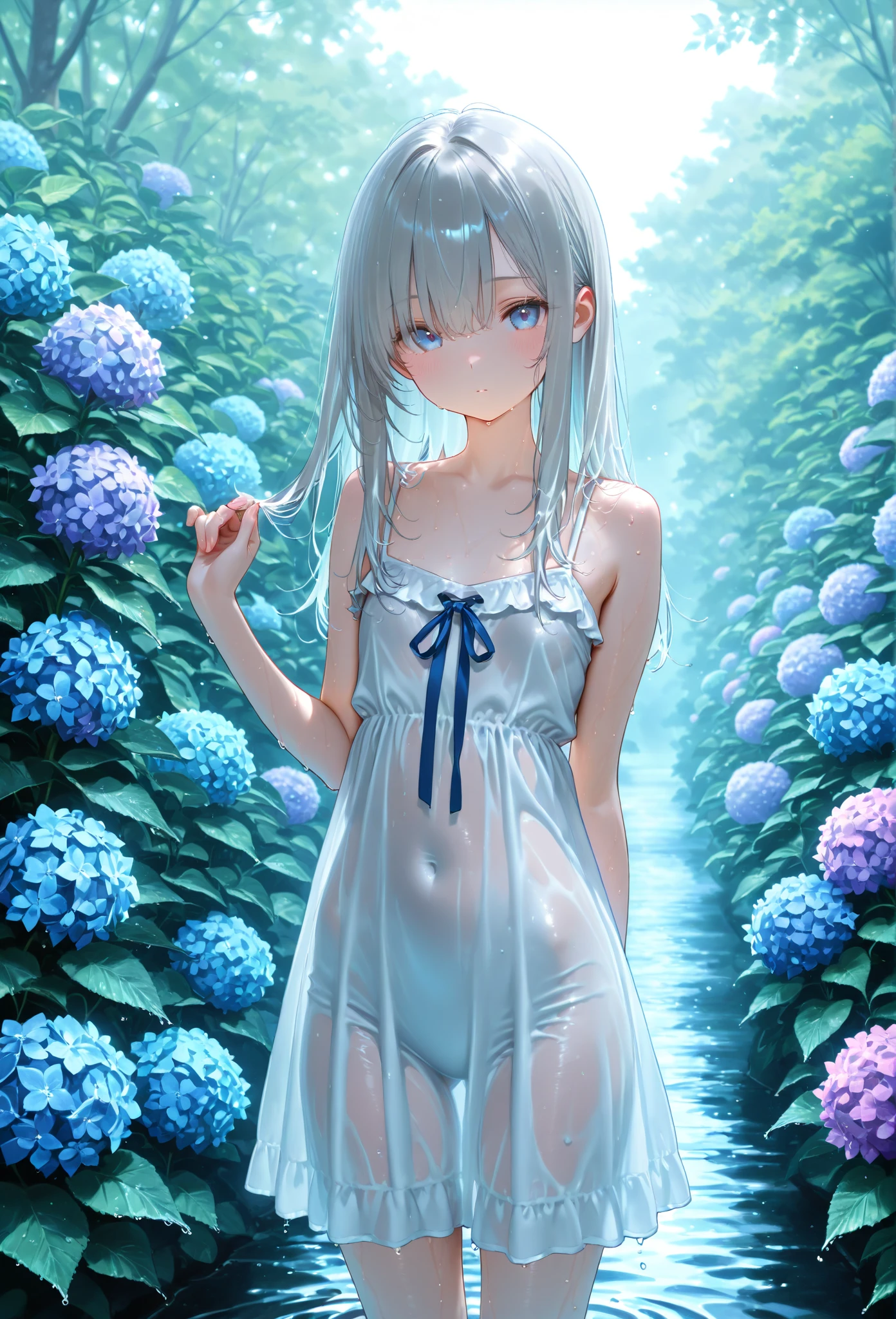 In Claude Monet style, Impressionism, 1girl, upper body focus, (white sheer camisole dress), 14 year old, full body Esbian, short silver hair, pond, wet, ((curtsey)), cat ear, nipples through, see-through, perfect quality