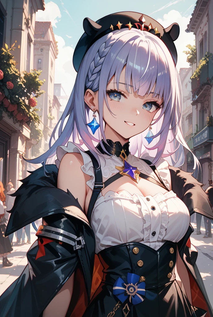 NSFW,Elena Blavatsky\(Fate/grandorder\)、Purple Hair、short hair、(Purple eyes:1.1)、Shoulder Bare、belt、beret、ribbon、- Detachable collar、Removable sleeves、hat、leotard、紫色のhat、紫色のleotard、赤いbelt、白いribbon、White sleeves
