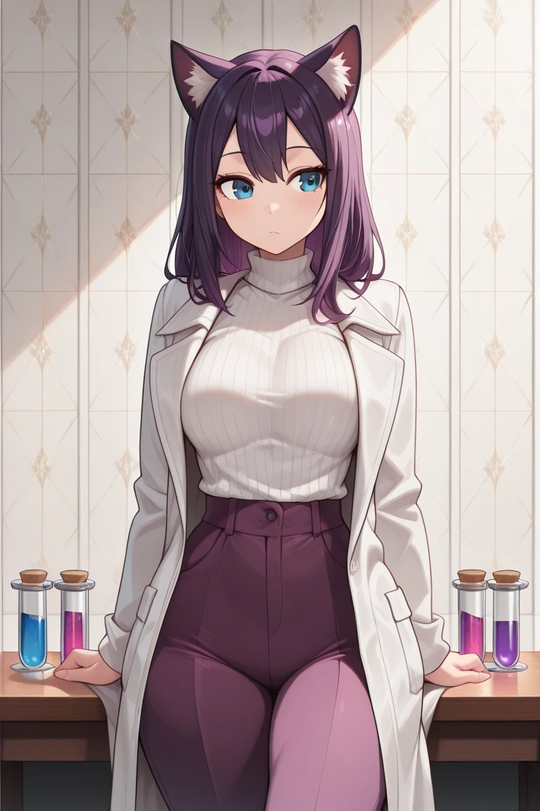 1girl, masterpiece, best quality, extremly detailed, Cinematic lighting, intricate detail, highres, official art, finely detailed beautiful face and eyes, high resolution illustration, 8k, dark intense shadows, overexposure, long hair, ahoge, purple hair, blue eyes, lab coat, white coat, open coat, black sweater,huge breasts, sitting on chair, table, beaker, scientist, lab, hands in pocket, book stack, sunshine, upper body, close up