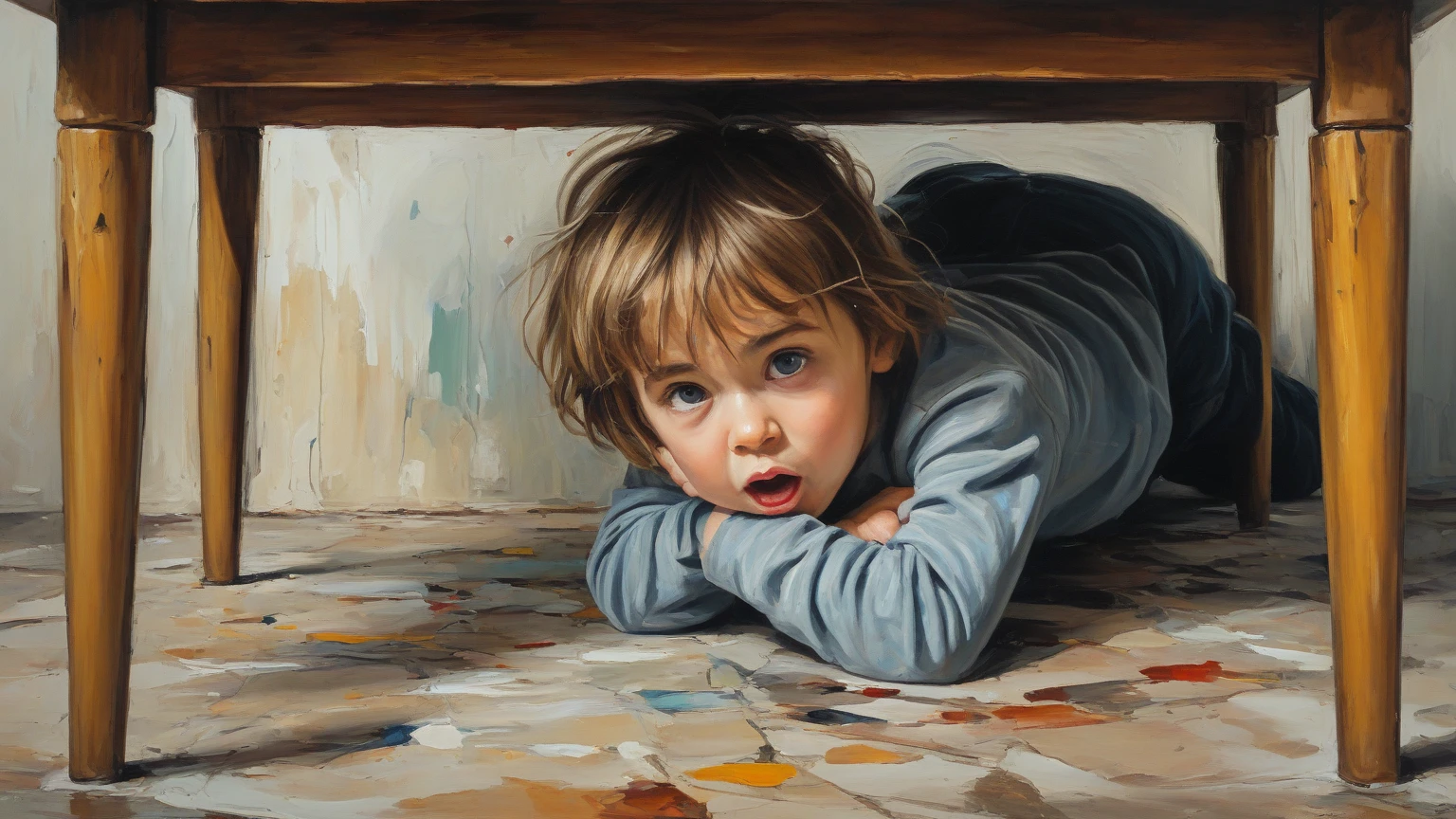 Realistic drawing of an boy, blond hair green eyes, With a blue shirt, lying on some worn stairs, crying, all dark, at night