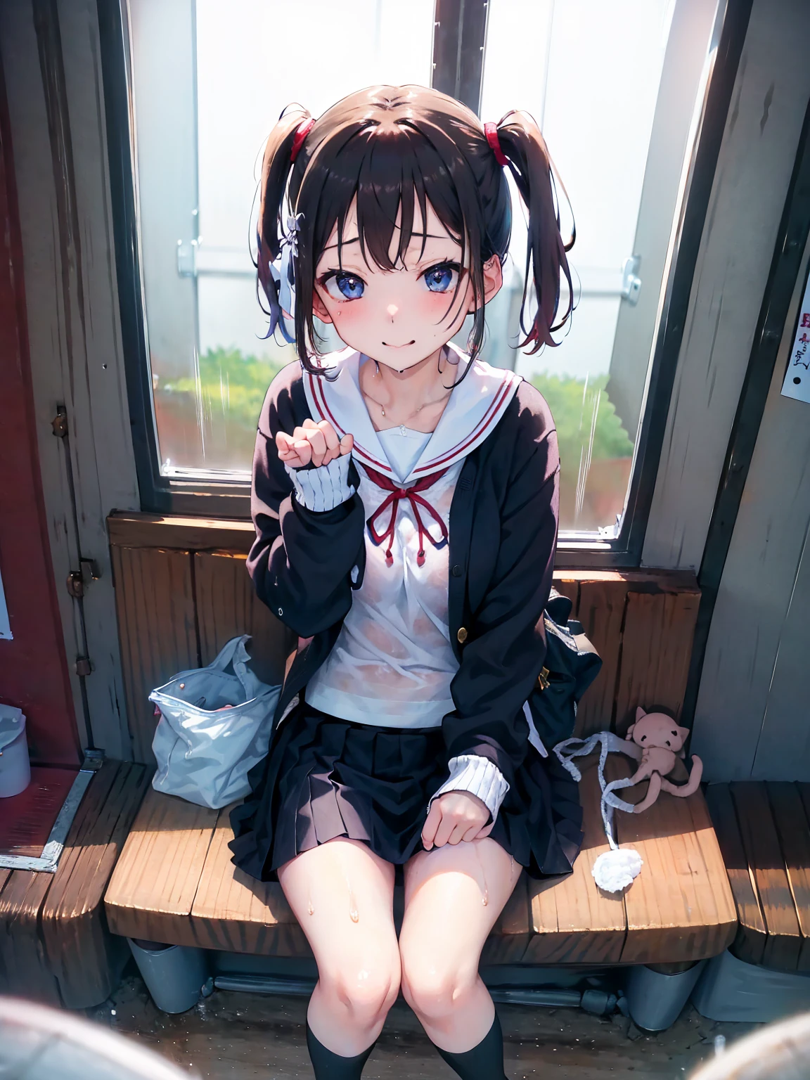 One girl, alone, View your viewers, skirt, Brown Hair, shirt, Long sleeve, bow, Twin tails, Brown eyes, , whole body, shoes, shoes下, Sailor collar, Black footwear, Twin Blade, Cosplay, blue bow, white shoes下, pink skirt, Photo Background, pink Sailor collar、Hold a condom in your mouth、A defiant smile、skirtを上げる 薄暗い裏路地、Sit on the air conditioner's outdoor unit