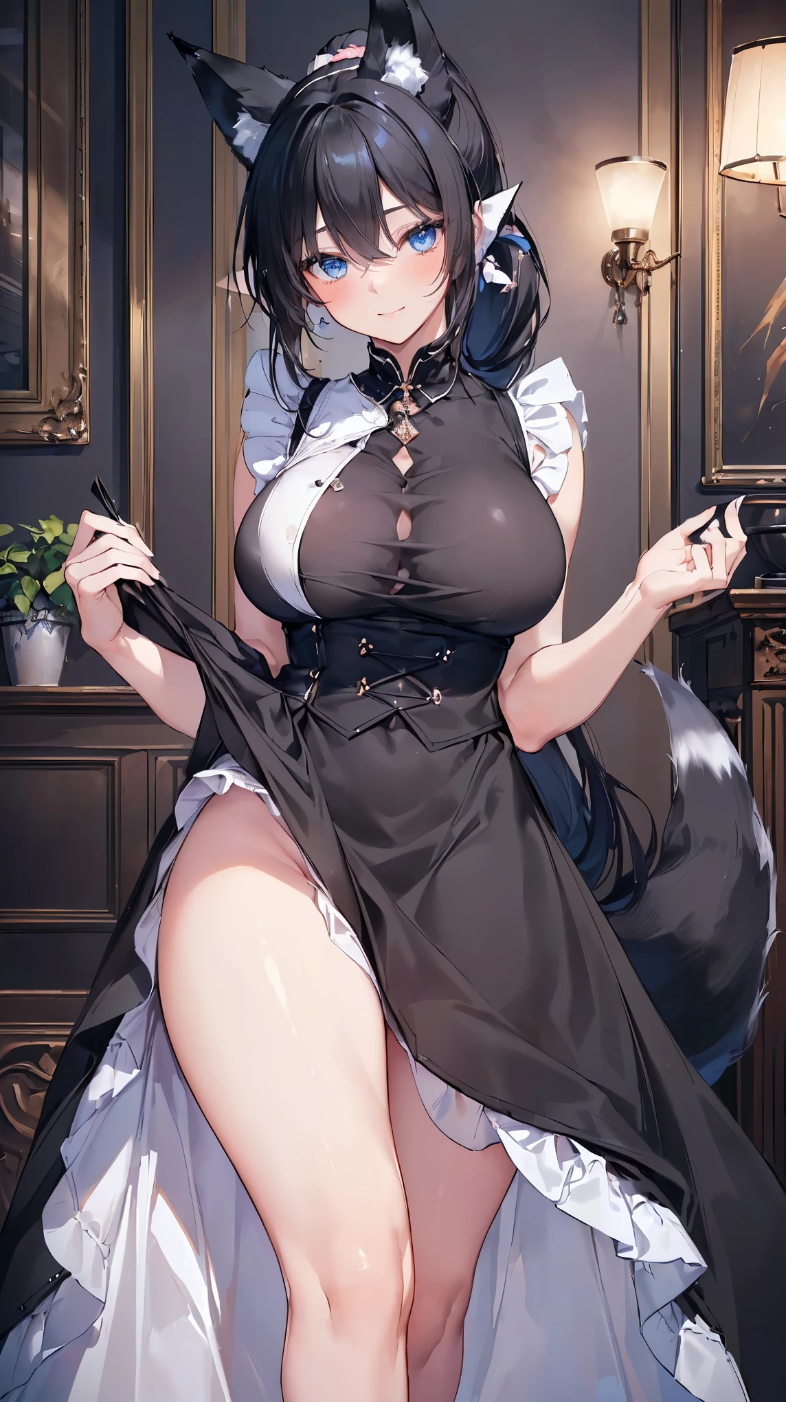 masterpiece, best quality, ultra-detailed, illustration,(1girl),beautiful detailed eyes, looking at viewer, close up, big breasts, black fur, shy, cat ears, furry, yiff, anthropomorphic animal, black tail, spread legs, showing, focus)
