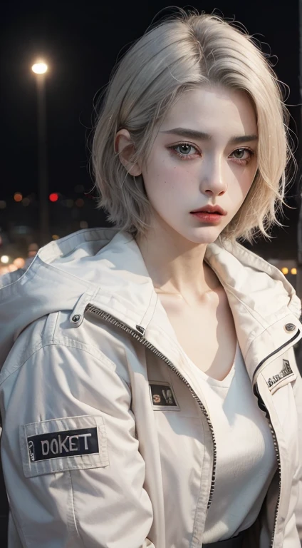 (masterpiece), (best quality), (ultra detailed),(illustration), (1girl),looking at viewer, (interview),beautiful detailed eyes, delicate beautiful face, Floating,(high saturation),(shining), large breast, frimadef, grey hair, white shirt, red jacket, fur trim, open clothes, off shoulder, black pants, torn pants, necklace, sleep mask, smiled