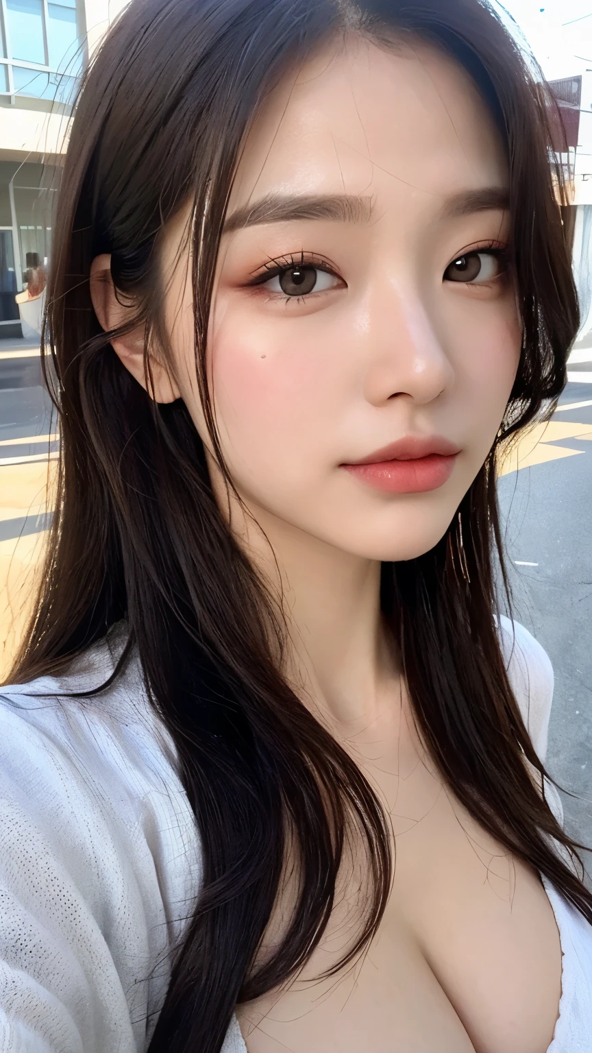 ((Highest quality, 8K, masterpiece:1.3)), sharp:1.2, Beautiful woman with perfect figure:1.4, Slim Abs:1.2, ((Layered Hairstyles, Huge boobs:1.3,Cleavage:1.2)), (A long shirt with wet white buttons showing through:1.1),(rain,Street:1.2),get wet:1.5,Highly detailed face and skin texture,Detailed eyes,double eyelid,Glancing sideways at the camera