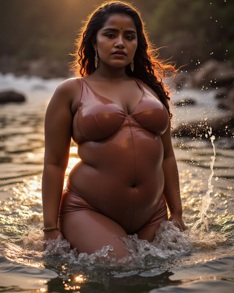 beautiful single sexy ((indian woman)) with ((curves and big tits)) covered in ((mud and diarrhea)) posing on the (((beach))) in a beautiful ((red swimsuit)) 