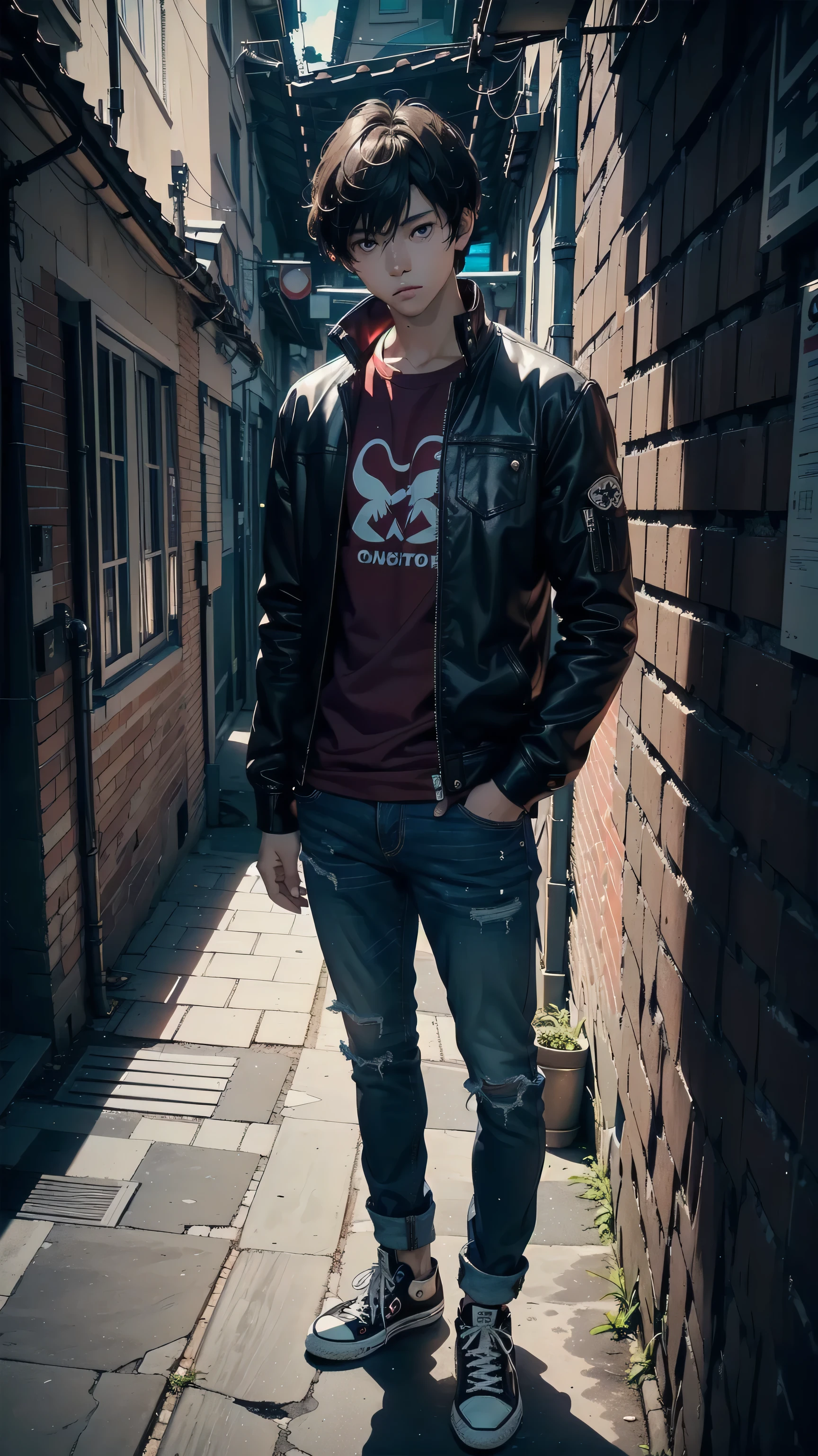 masterpiece, best quality, 1boy, solo, Amamiya Ren, ((red shirt, black jacket and jeans)), ((converse)), ((top quality, ultra-detailed, high resolution, extremely detailed CG, unity 8k wallpaper, Makoto Shinkai style, by famous artist, perfect anatomy, super detailed skin, cinematic lighting, UHD, retina, anatomically correct, 1080P)), (Please draw a single one boy standing without background:1.3), ((1boy)), (Solo, face,:2.0), a high school student, ((full dark brown hair)) Full limbs, complete fingers, ((perfect fingers, perfect arms)), masculine, manly, small, Beautiful detailed full dark brown eyes, perfect eyes, ((The background is totally black, without any element, as a photography study)), standing, single guy (one guy), full body shot. ((close view)), ((standing:1.5))