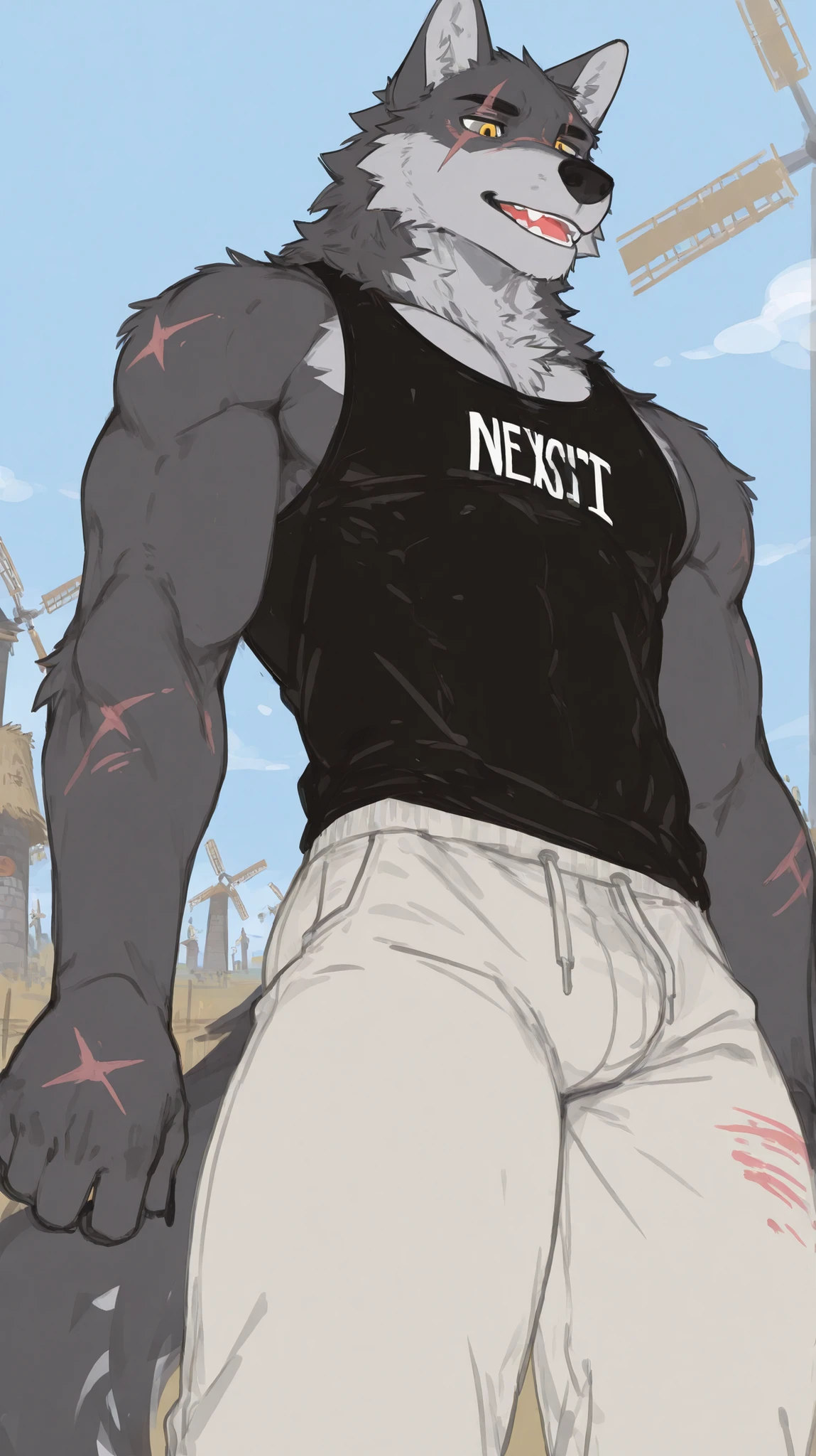 coyote， Blue and white fur， Shirtless，Eight-pack abs，  Humanity， Nude Art Station， looking-down，  tmasterpiece， high high quality， Ridiculous resolution， digitial painting\（artwork of a\）， composed （Pino Dani， （by ruaidri）， Yupa， Kiyosan）， detailedbackground， realisticlying， anime big breast， （dark shadow， Wide dynamic range， hdr， low-light：1.2）， [The is very detailed， Expressiveness， Dramaticlight， Epic setup， The is very detailed， photography of， hyper realisitc， Ignorant and understanding， Cinema lighting， Complicated details， depth of fields]， Bokeh， No clothes， Cropped pants，Wear a mask diagonally，A long blue braid