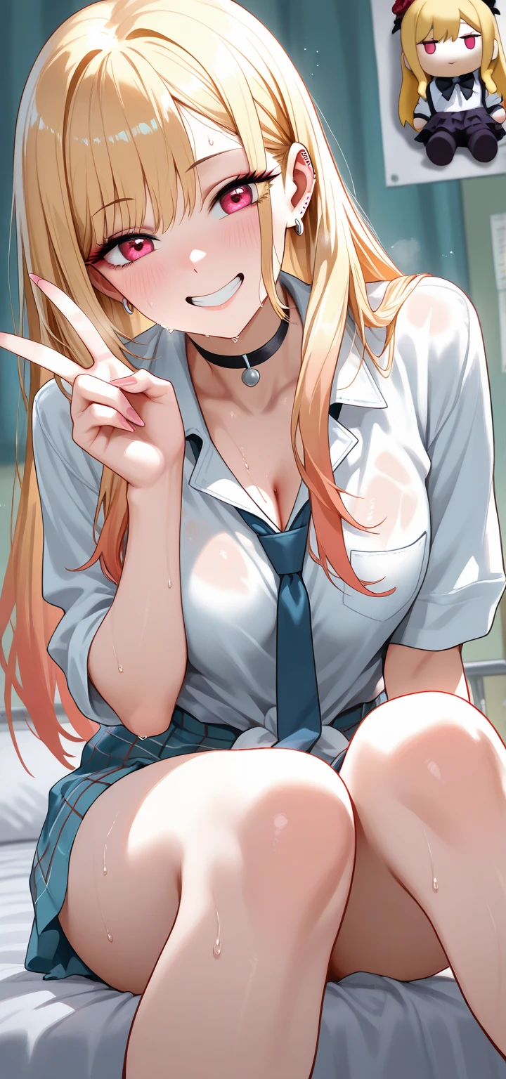 (throw_hand, pink vibrator remote switch in throw_hand, throw:1.2), Highest quality, Super detailed, masterpiece, Ultra-high resolution, 8K, Ridiculous, Cowboy Shooting, Blurred, One girl, Focus on the girl, Embarrassing, blush, Lovely, Close one eye, With tears in her eyes and her mouth open, What saliva leaves behind, Wet skirt hem, (Sticky panties:1.1), Bulging of the vibrator cord, Vibrator with Garters, (cleavage), Classroom Background, [1girl, kousaka kirino, ore no imouto ga konna ni kawaii wake ga nai], The skirt is accidentally exposed,(large breasts), (crop top navel), (waist line), Accidentally exposed panties