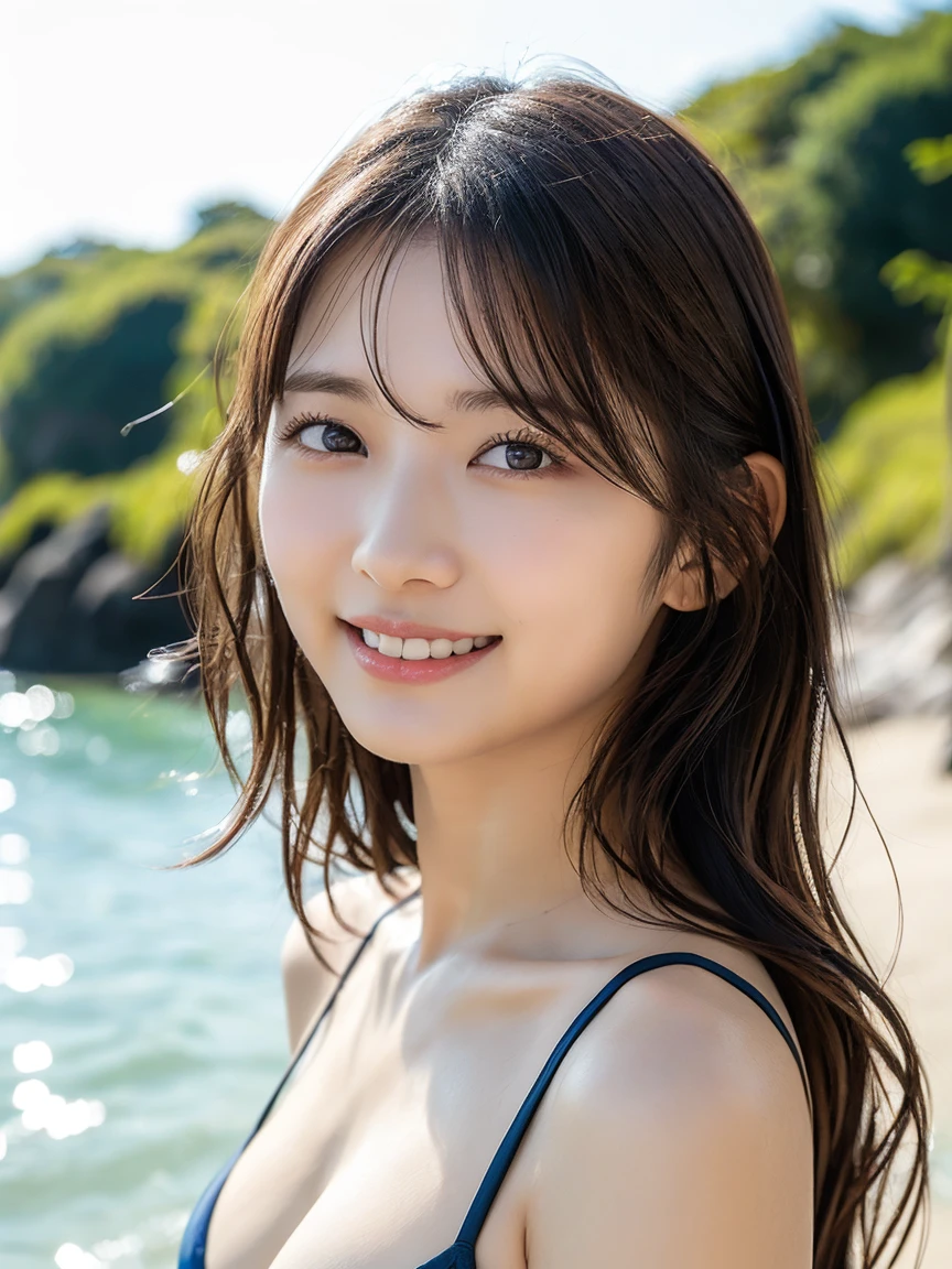(Highest quality、Tabletop、8k、Best image quality)、1 female、(Beautiful, glowing skin:1.1)、Brown Hair、The most beautiful smile is looking at me、Biggest Smile、Smiling widely and showing off beautiful teeth、(Bright red bikini:1.1)、Beautiful sea、Shining bright sea、澄んだBeautiful sea、Very clear sea、Beautiful Hiroshi々Sandy beach、Beautiful surf edge、Beautiful sunny sky、Beautiful cumulonimbus clouds、very bright and vivid、(Beautiful, radiant skin:1.1)、(Ultra-high resolution, bright and beautiful skin:1.3)、Ultra-high resolution 美しい teeth、Ultra HD Hair、Ultra-high resolution sparkling eyes、Natural Makeup、Accentuate your body lines、(Very bright and beautiful skin:1.1)、(Big Breasts:1.3)、Slender body、(Perfect Anatomy:1.1)、Sculptural installation、Blurred Background、A perfect single large red hibiscus flower on the head