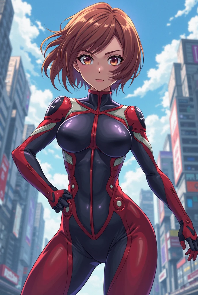 pink spiderman costume, brown short hair, black eyes, female, Scene standing on the rooftop, 1 person, high quality
