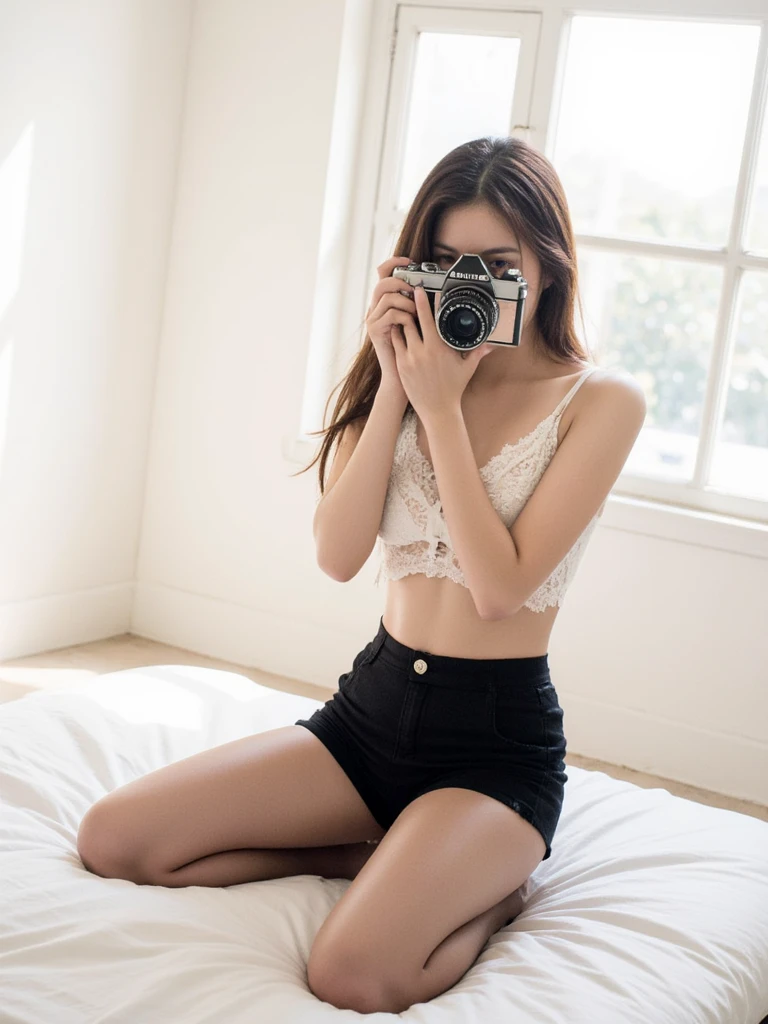 Beautiful girl, , very slim, sculpted waist, prominent and slightly small breasts, photographing in front of a woman, a completely messy room, a small skirt covering her thighs.