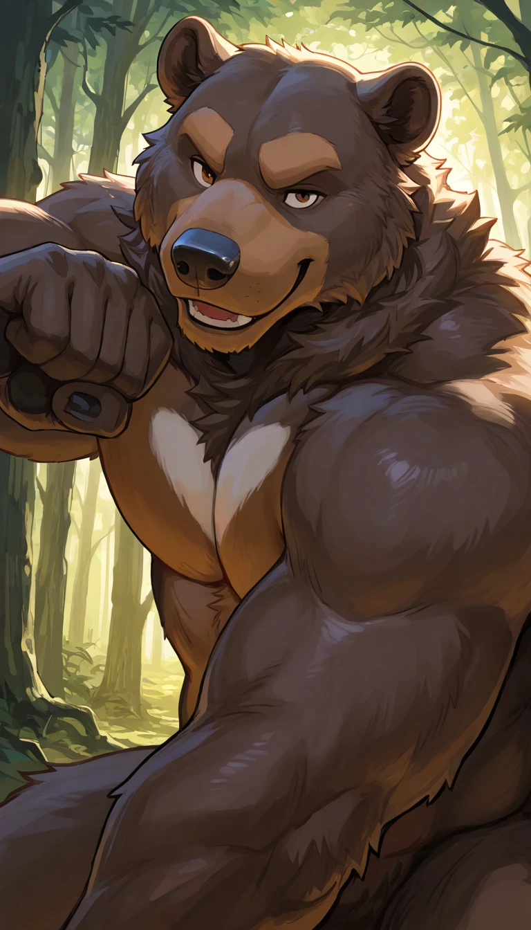Solo, anthro, male (((bear, red eyes, red iris, black pupils, muscular, huge muscles, broad shoulders, big pecs, abs, black nipples, black hair, black body, brown fur, brown snout, black nose, brown eyebrows, neck tuft, arm tuft, ear tuft, ball tuft, facial tuft, cheek tuft, clawed hands, white claws, pubes, brown inner ear, white thong, big bulge))) standing, smirking, forest, park table, perfect ???????, full body, by darkgem, by mystikfox61, by glitter trap boy