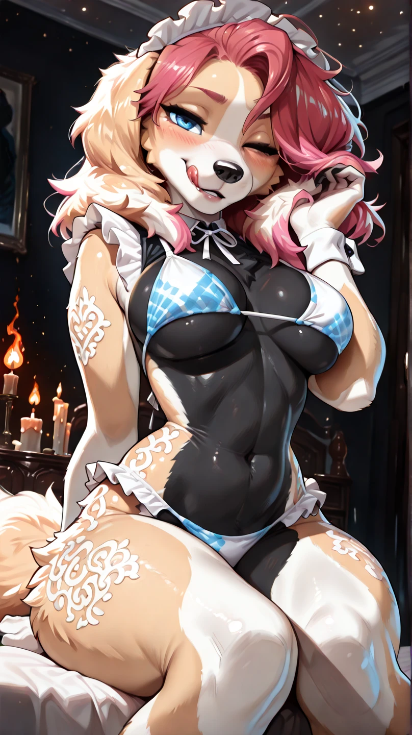 ((masterpiece, best quality)), (anthro furry:1.3, muzzle:1.2, anthro:1.3, furry:1.2, closeup:1.2, female solo:1.2, cleavage, leaning forward, smile, red), no blouse, sweatpants,transparent blouse,back showing butt,cute panties, fox spiraled in funtime foxy colors,five nights at freddy,white skin pink details, pink eyes, sexy position, ambient place, pizzeria five nights at freddy