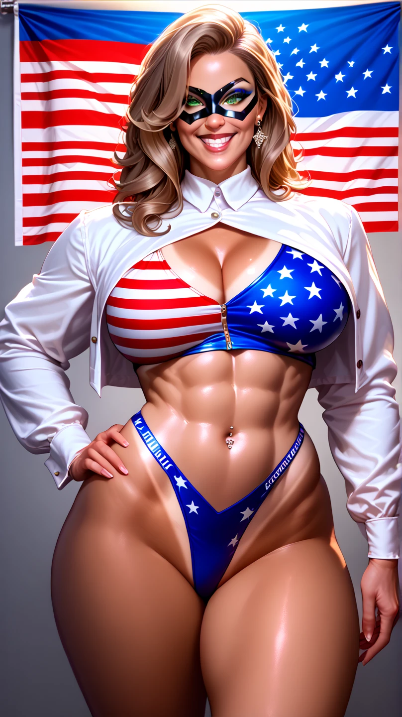 blonde girl an American flag micro bikini ,
Muscular with Pookies. Hairestyle undercut. She has a very large cameltoe.
No headgear. No hat. Big cleavage.