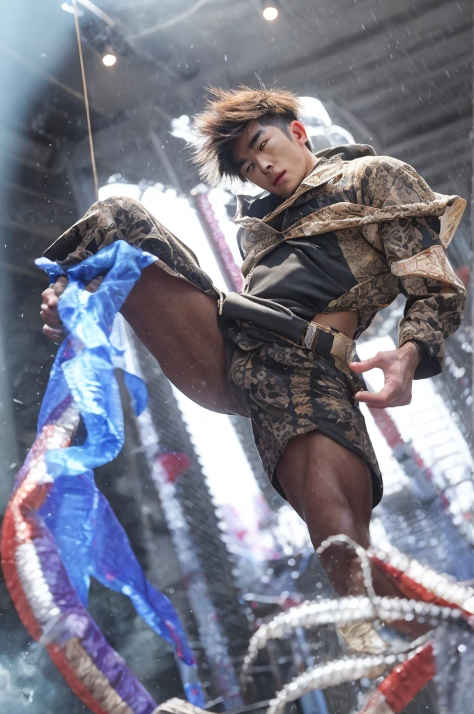 photo of a handsome (korean man), ((futuristic fashion show)), (Supermodel), runway, (smirk:0.7), coiffed hairstyle, (oily skin), (looking at viewer), fashion model posing, b0ndage, ((bondage strap outfit)), male focus, dynamic movement, (ultra realistic, masterpiece, hdr, intricate details, detailed background, depth of field), dynamic pose, dynamic angle.  full length shot(fls) , big thighs , big hips , insane details, hyper details , photorealistic , only male , handsome boy , fat buttock , puffy nipples , 16k resolution , ultra-high clarity , hyperrealism, uhd,. K-pop, whore , slutty whore , swollen nipples ,  grins
