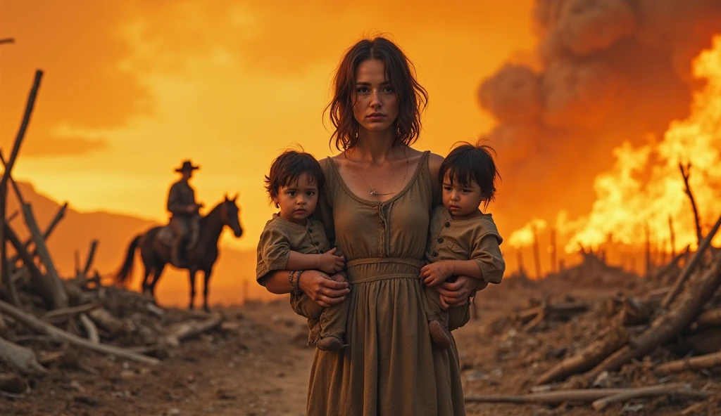 Create a woman in a pink blouse and denim shorts with long black hair with loose bangs with your 3-year-old son, blond hair a little voluminous, are facing away looking at a bunch of zombies, Estilo The last of Us