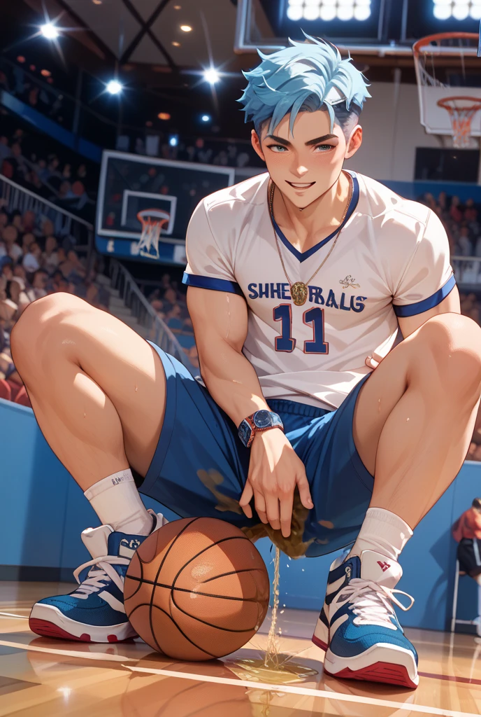 A realistic boy, teenage boy, realistis handsome,cool ekspresion, short hair, green hair,zoro in one piece ,Holding a basketball, and sweating, wearing a purple shirt and hij pants,Closing eyes, muscular body 