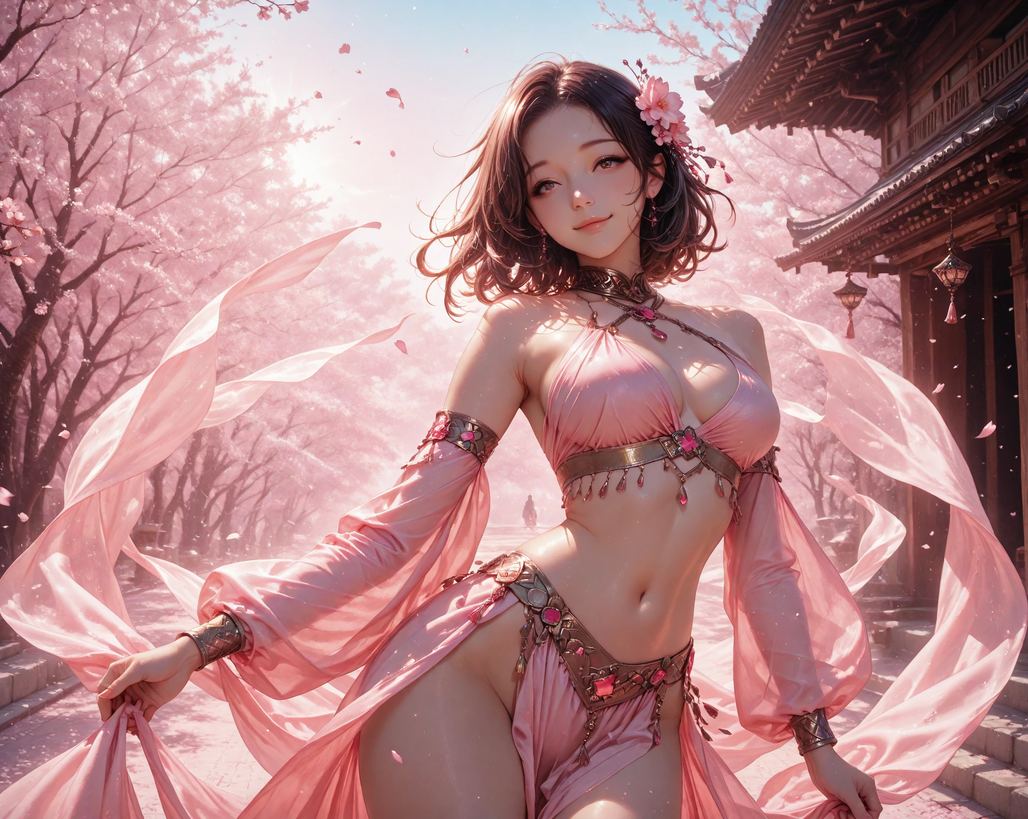 There is a full size figure of a beautiful dark elf girl dancing in the middle of red rose garden surrounded with rose petals flying on the wind, great quality anime art, illustration, high quality realistic anime art, seductive face expression, beautiful elf girl with blue eyes, 8k character details, high quality anime art, melodic aura around women, high quality illustration, detailed anime wallpaper, detailed anime art