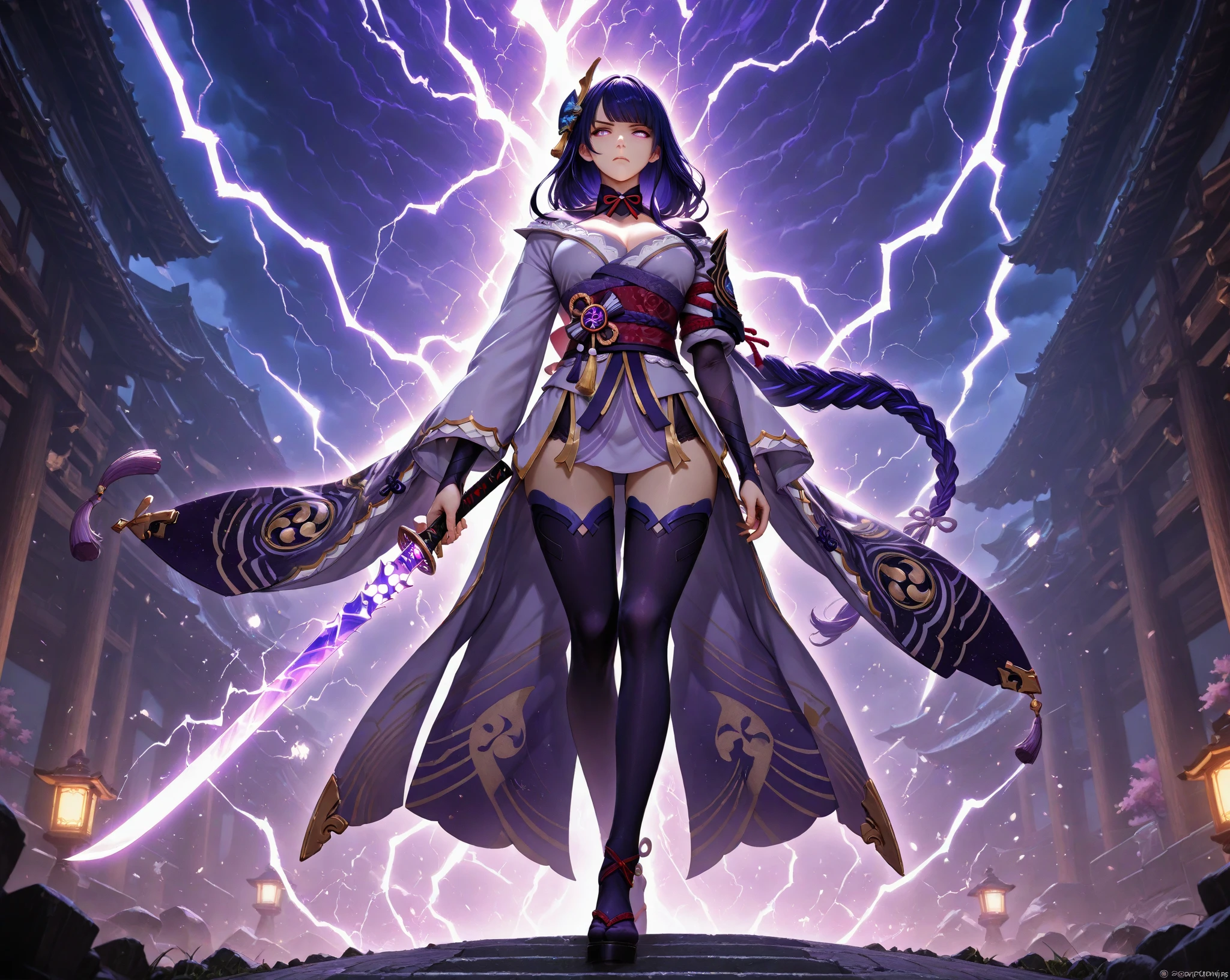 (Blind box toy style:1.2), ((Full body photo:1.5)) , 1 masterpiece, ((anatomy correct:1.4)),Best quality,,(((Raiden Shogun))) (Genshin Impact), 1 cute girl solo, Slim little kimono,Purple stockings,The clothes slipped off the shoulders,Expose the upper part of the chest, dreamy glow, Clean, Purple clean background ( Global illumination, Ray traching, hdr, unreal render,reasonable design, high detal, Masterpiece, Best quality, hyper HD, Cinematic lighting)