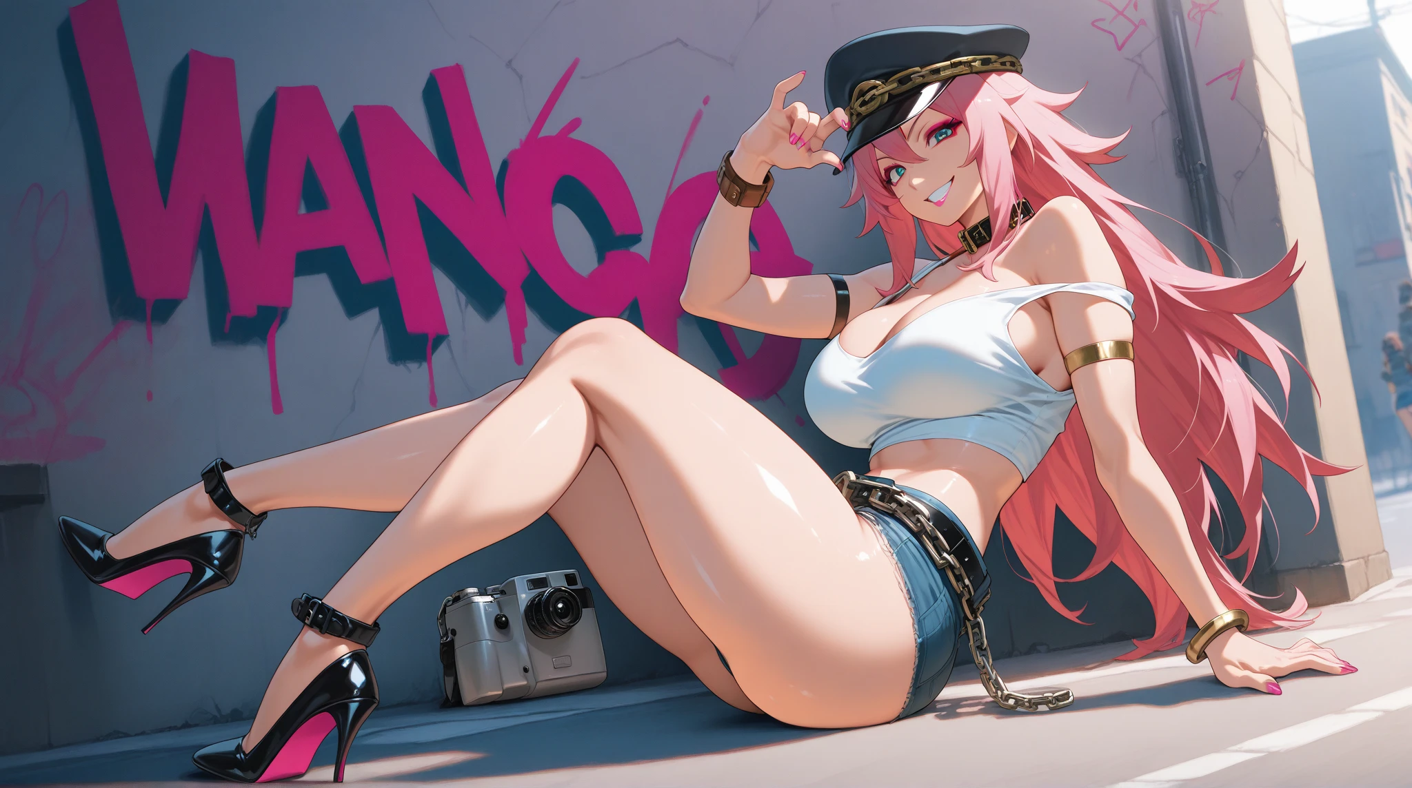 woman, very sexy, (barefoot), (chest: 1.3), fair skin, realistic skin, looking at the viewer, beautiful, medium breasts, bent knees, sitting on the floor, bar in the background, cap, choker, short jeans, beautiful and detailed face, detailed hands, detailed legs, detailed fingers, long and detailed hair, blue and detailed eyes, detailed skin, beautiful and detailed feet, beautiful nails, dynamic lighting,  8k uhd, (photorealistic), (photorealistic: 1.4), (hyperrealistic), from above, (masterpiece), (best quality)