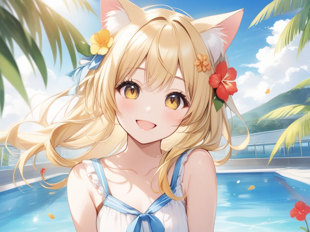 (Chibi Chibi: 1.3), Solo, Full Body, Shiny Yellow Bikini, Lying Down, Highly Detailed Face, (Smile: 1.4), Lively, (Gravure Pose: 1.5), Beautiful Detailed Eyes, Looking Up, (Eye Match), Light Brown Long Hair, Cat Ears, Neon, Masterpiece, Top Quality, Highly Detailed 8k Wallpaper