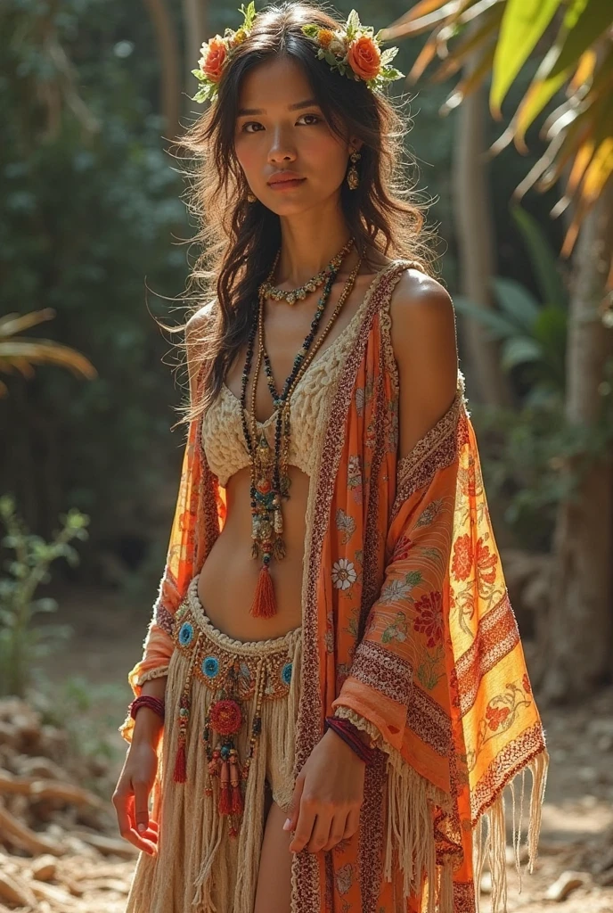 Beautiful model in boho style outfit in the sunshine. outdoor fashion