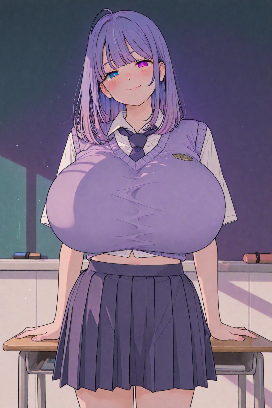 (Masterpiece:1.2, Best quality:1.2, Beautiful, High quality, A high resolution:1.1, Aesthetic), Detailed, Extremely detailed, ambient soft lighting, 4K,akaneshinjou, shinjou akane, light purple hair, (pink eyes:1.2), short hair,
BREAK black pantyhose, bow, collared shirt, hood, hooded jacket, jacket, open clothes, open jacket, open shirt, pantyhose, purple bow, purple jacket, school uniform, micro mini shirt, sleeves past wrists, unbuttoned shirt, white shirt,croptop,((Big breasts:1.4)), ((gigantic cleavage breasts:1.5)),(((sagging breasts))),
wet,wide hip,big ass,thick thight，upper legs，Wide buttock,BREAK indoors, city,perfect face, perfect body
BREAK looking at viewer, BREAK (masterpiece:1.2), best quality, high resolution, unity 8k wallpaper, (illustration:0.8), (beautiful detailed eyes:1.6), extremely detailed face, perfect lighting, extremely detailed CG, (perfect hands, perfect ???????),smile,blush,narrow waist,dynamic poses,1 japanese beautiful girl , early 18 years old,((Fair skin:1.2)),, Long legs, ((direct lighting:1.4)),in class room,thin clothes,random pose,random back ground,perfect hand,perfect fingers,perfect body type,face perfect,