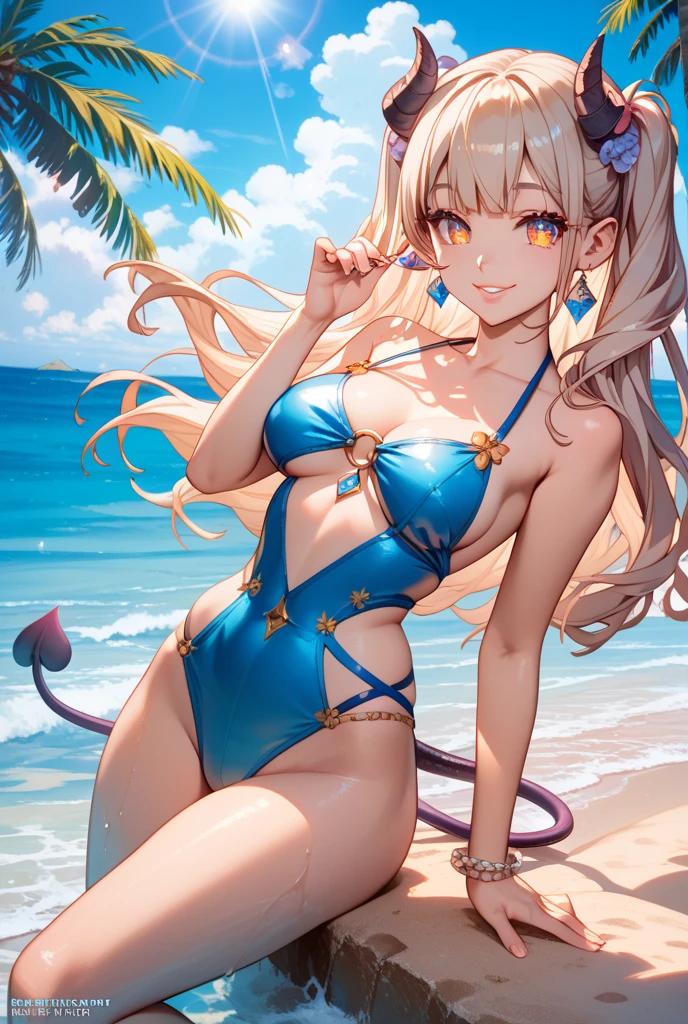 Gyaru chica con cabello rubio y ojos azules piel bronceada y una sonrisa y tacones altos y bikini, obra maestra, la mejor calidad