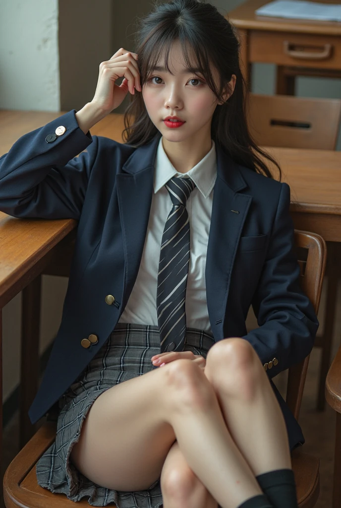 ulzzang-6500-v1.1, (raw photo:1.2), (photorealistic:1.4), beautiful detailed girl, very detailed eyes and face, beautiful detailed eyes, ridiculous, incredibly ridiculous, huge file size, super detailed, high resolution, very detailed, best quality, masterpiece, kemomimi, ((Japanese girls' high school uniform)), illustration, very detailed, CG, unified, 8k wallpaper, amazing, Fine details, masterpiece, best quality, very detailed CG uniform 8k wallpaper, light on face, cinematic lighting, 1girl, 16 years old, ((no panties)), ((dynamic pose))), (camel toe), (half), (pantyhose), (knee-bending leg sitting))