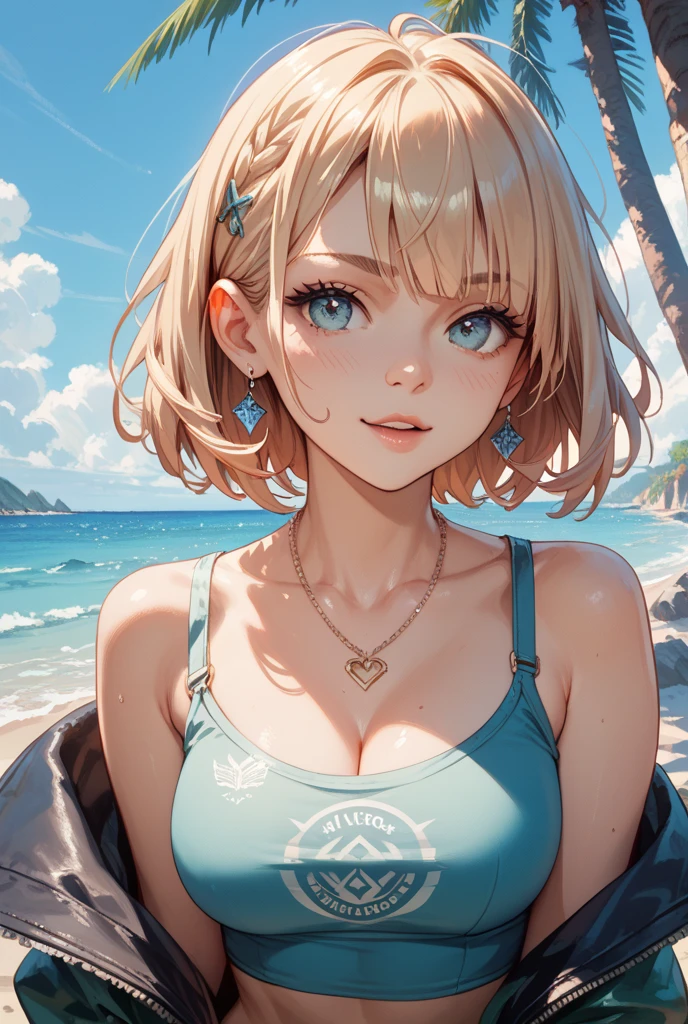 Masterpiece, high quality, best composition, one beautiful woman, full body, young woman, light brown hair, white bikini, perfect and dynamic composition, smiling face, model figure, fine details, short hair, very detailed eyes, very detailed eyebrows, very detailed skin, very detailed mouth, very detailed nose.