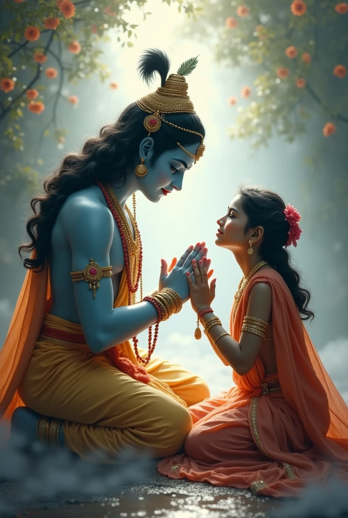Lord shree krishn sitting in ground worshipping lord shiva, he stood in front of him with a pleased face, draw perfectly
