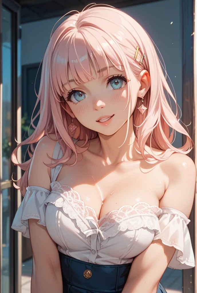 pieces fly、highest quality、High resolution、nffsw、perfect pixel、1 girl、cute、perfect body、anatomically correct、beautiful eyelashes, realistic eyes、smile、((white and pink satin bra))、((white and pink satin panties))、wearing only underwear、smooth texture:0.75、outdoor blue sky、I can see your pants、Bra visible、Overall bright、cinematic light
