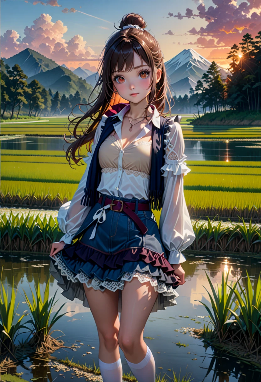 1girl, solo, full body, rural landscape, village, trees, sun, clouds, fantasy, black hair, ponytail, large breasts, button down shirt, ((red checked shirt)), ((short sleeved shirt)), ((unbuttoned shirt)), popping buttons, unbuttoning buttons, cleavage 1:3, blue eyes, dark skirt, smile, looking at the viewer, standing, hair ribbon, golden necklate, elegant white hat, brown boots