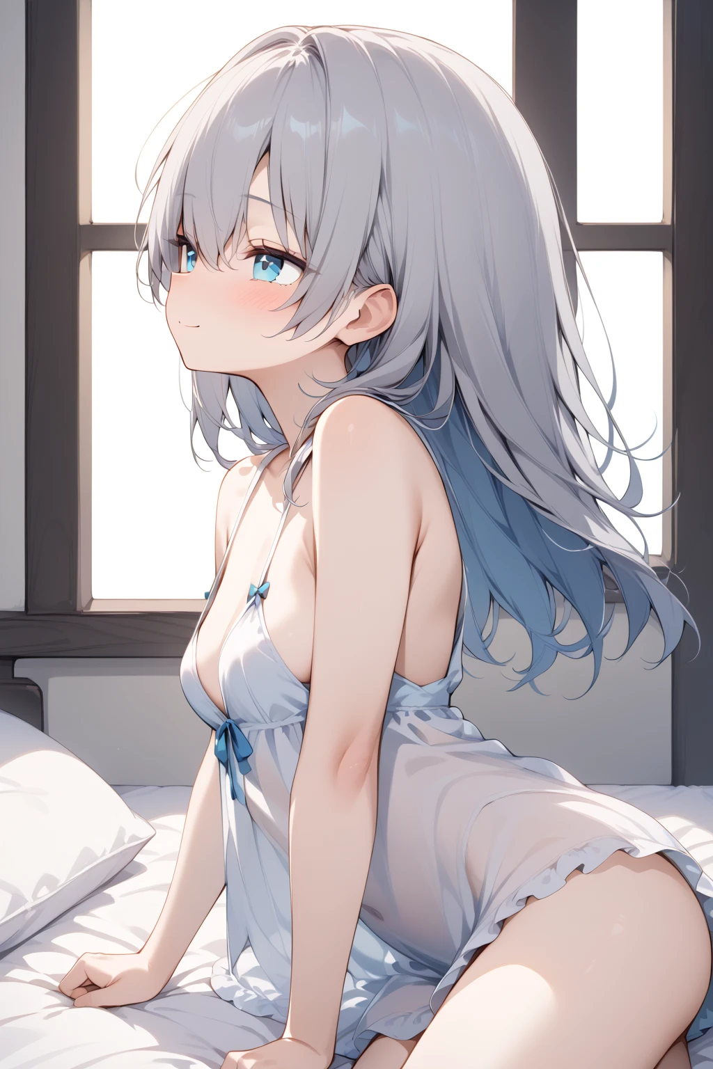 A girl, alisa mikhailovna kujo,tomorrow,alone, by the wide, Eyebrows visible through hair., hair between the eyes, silver hair, blue eyes, medium chest,white underwear,long white stockings, white underwear, without clothes See your viewers, of the highest quality, so beautiful