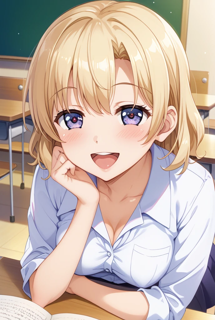 (best quality:1.5, highres, UHD, 4K, detailed lighting, shaders), blonde wavy hair, gyaru, large breasts, short sleeve , cleavage, unbuttoned shirt, bra, sexy, skirt, (pov, close shot), earrings, smiling, standing, classroom background (masterpiece, best quality, hi res:1.2), 1girl, (solo:1.2), pklacey, detailed skin, street, park, trees, grass, backlessclothes, backless dress, purple dress, close-up portrait of an anime heroine full of confidence and mischief of the background of character selection of a group of anime girls with eyes of different colors, kantai collection style, full body, kantai collection gallery, arte oficialwork, personajes de azur carril, arte oficial, chicas de primera linea style, clear and sharp rpg portrait, character selection portrait, Also, 8K!!, Ilustraciones oficiales del anime., chicas de primera linea cg, finos detalles. chicas de primera linea, chicas de primera linea universe