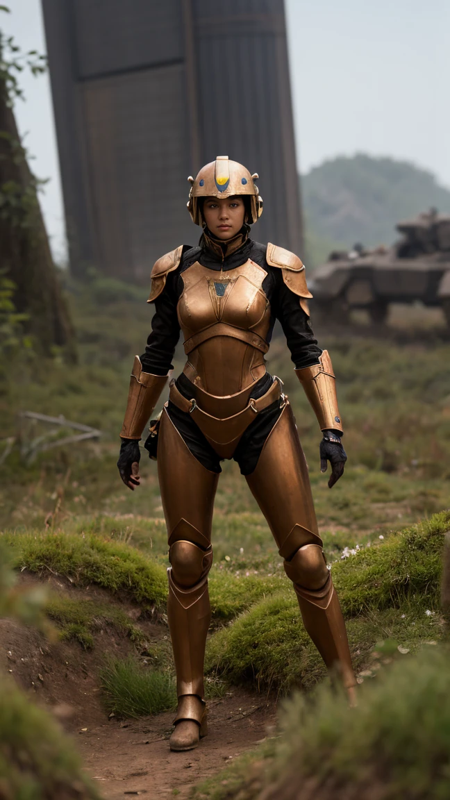 A woman with short curly hair, dressed in a futuristic soldier outfit, sitting in a high-tech military base with advanced weaponry.