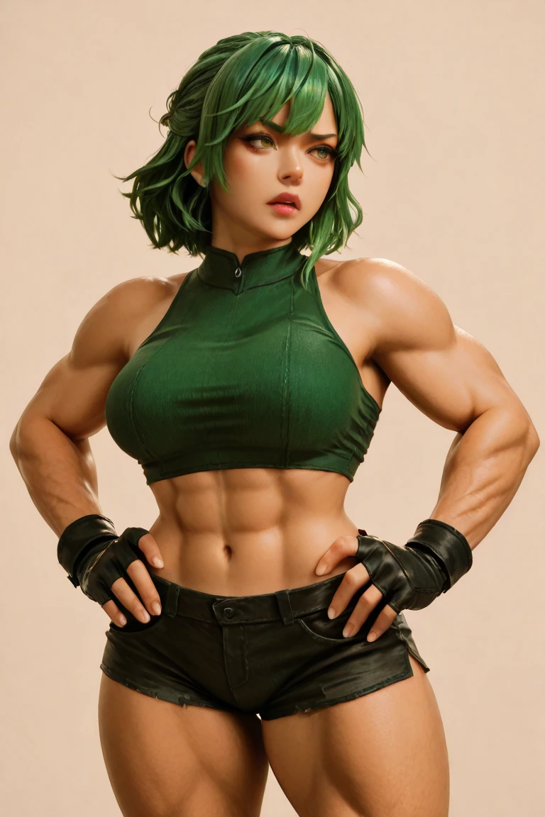 (Muscular:2.2), (thick thighs:2.2), (latina female), (tan skin:2), (green hair:1.5), adult, ponytail, (glasses), earrings, eyeshadow, lipstick, (upper body view), (striations), (hard nipples), (small breasts:2.5), (choker, tucked-in button up, cleavage, black pencilskirt, bracelet:1.8), (sculped muscles:1.6), detailed eyes, (athletic body:1.5), (muscular body:2), (looking at viewer), (big smile:1.7), office, rim lighting, two tone lighting, dimly lit, clean skin, low key (DETAILED SKIN)