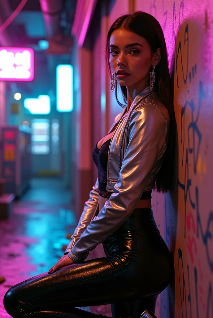 side view of a beautiful, buxom woman with black hair, thin nose, full lips and golden brown skin, in bright purple and black long jacket, shooting a bow and arrow in a cyberpunk world, show whole body in amage, anime art by mschiffer girl
