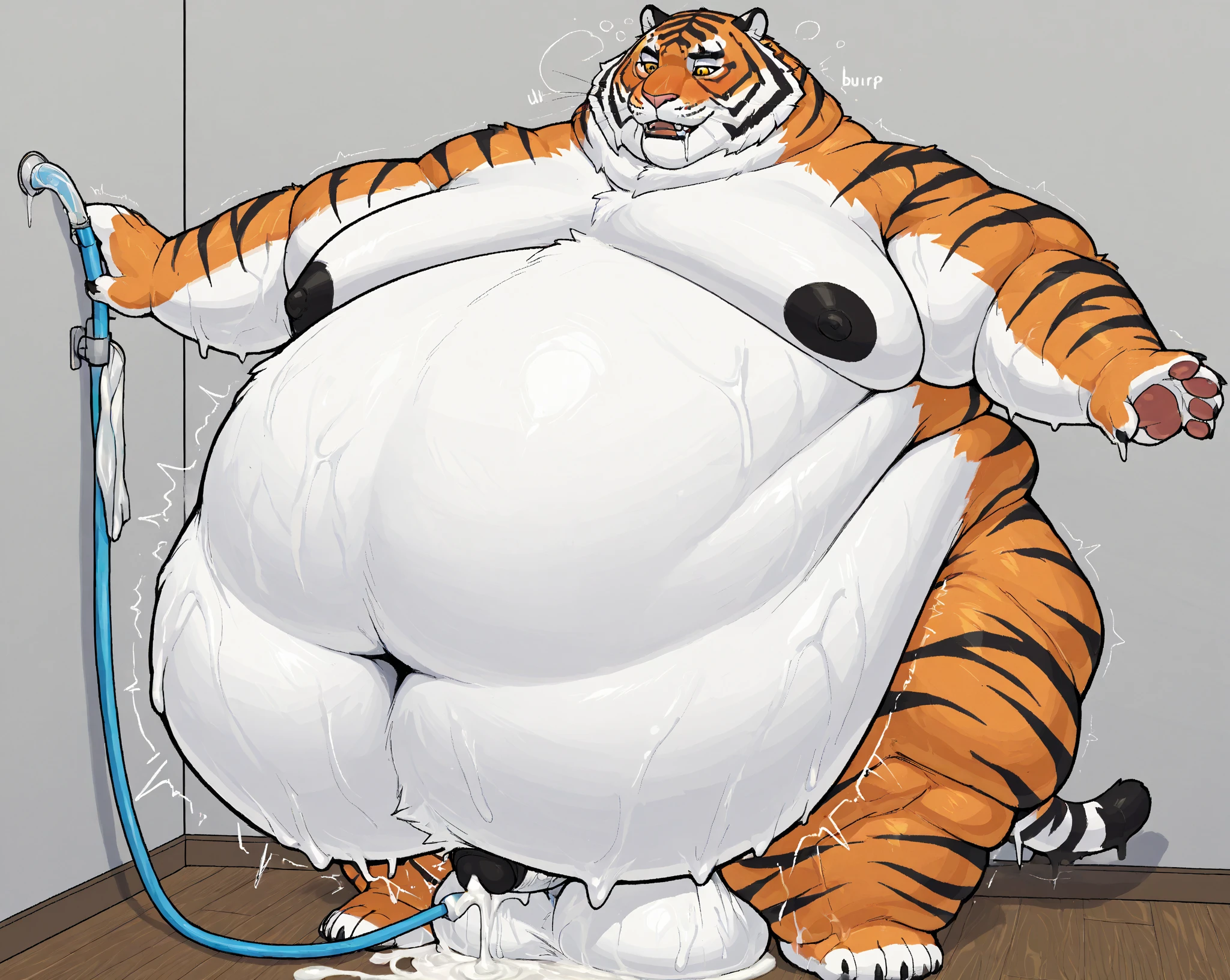 axel cosmas , solo, towel around waist, plump, huge, bath background, nipples, big fat belly, big ass, eyes shut, laying on belly, 5 fingers, musclegut body, lineart, normal eyes, wet body, macro body, massive body, huge pecs, very wide,