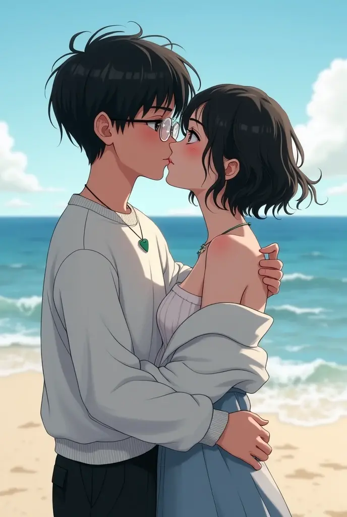 14 -  boy, almost straight wavy black hair, black eyes, thick mouth, skin turning white, dressed in a white sweatshirt, with a guitar pick shaped necklace, and black wide pants, wearing round glasses. kissing a beautiful girl with white skin, Brown eyes, short black wavy hair, wearing round glasses. She has thick lips and doesn&#39;t see anything, aged approximately 13 - 14 years, is on the beach